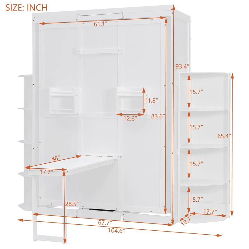 360° Rotating Queen Murphy Wall Bed with Hidden Cabinet, Fold-Down Desk & Dual 3-Tier Bookcase Towers by Harper&Bright Designs