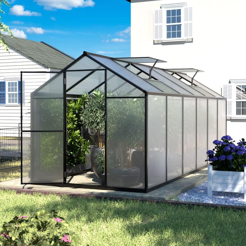 VEIKOUS Aluminum Walk-In Garden Greenhouse Kit with Adjustable Roof Vent and Lockable Door Grey