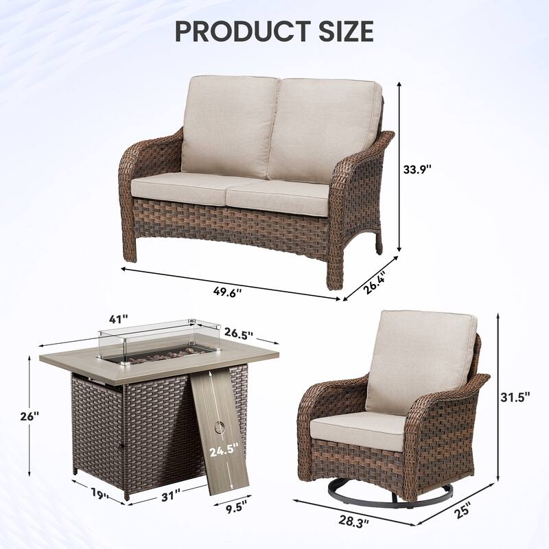 Pocassy Patio Funiture Sofa Swivel Chairs Ottoman with Fire Table Set