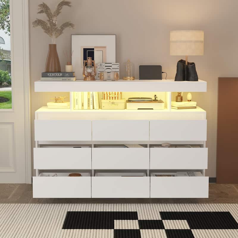 Modern 9-Drawer Dresser with RGB LED Lights and Built-in Power Strip - White Storage Chest