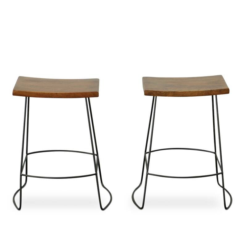 HomeRoots Set of Two 25" Chestnut And Black Steel Backless Counter Height Bar Chairs