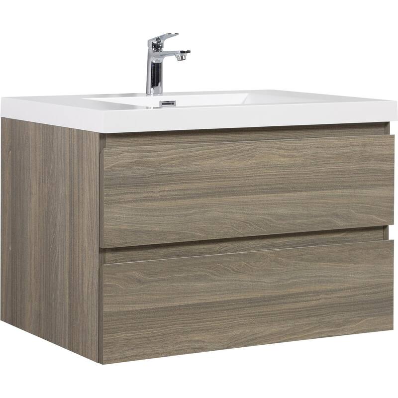 35.5-Inch Floating Bathroom Vanity with Glossy Resin Sink, Ash Grey Color, Wall-Mounted Design, 2 Drawers