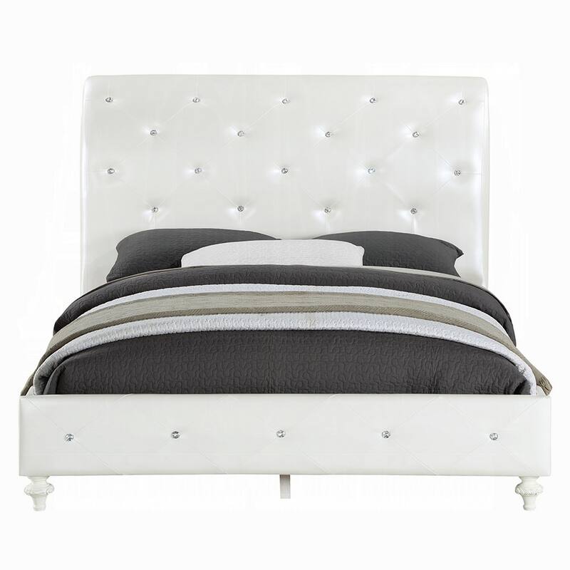Dorie Full Bed, Pearl White Faux Leather Victorian Carved w Crystals