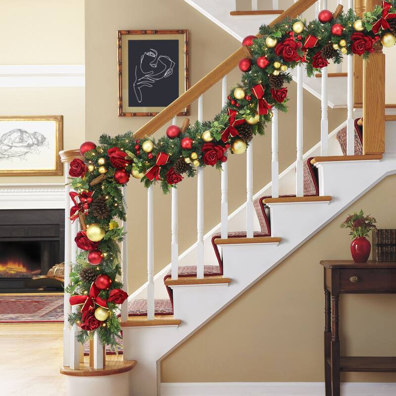 Puleo International 6' x 10" Pre-Lit Artificial Adorned Battery-Operated Garland - Green