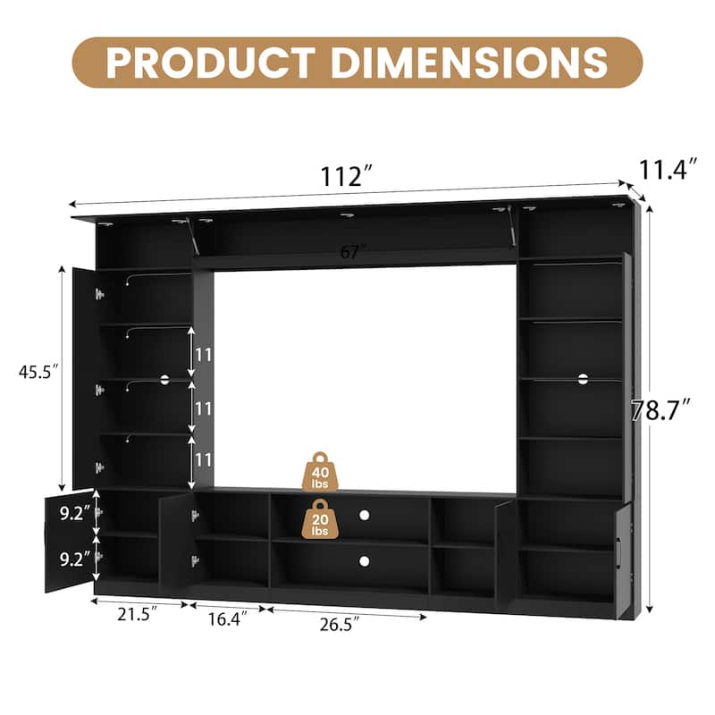 EROMMY 112" Wall Unit TV Stand with LED Lights, Bookshelves and Storage Cabinets for Living Room