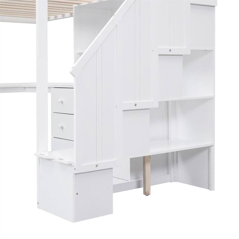 Multifunctional Wood Twin Size Loft Bed with L-Shaped Desk and Storage Staircase, Loft Bed Frame with Cabinet and Drawers