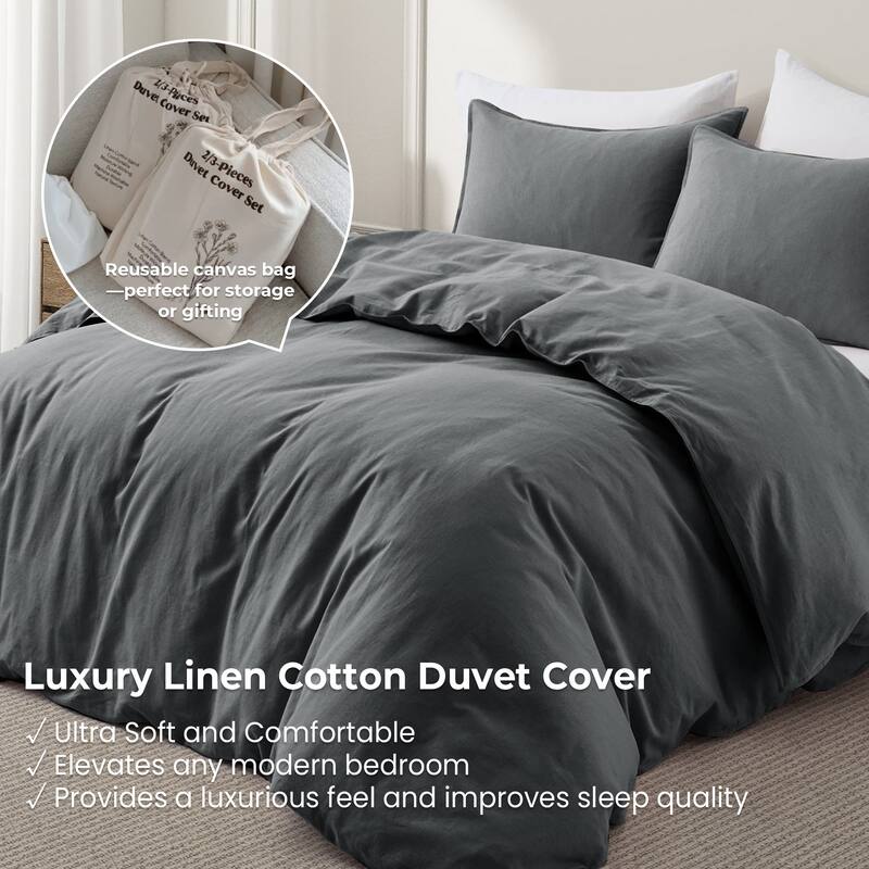 Flax Linen Cotton Blend Duvet Cover Set, Durable, Breathable and Moisture-Wicking, 3 Piece Bedding Set
