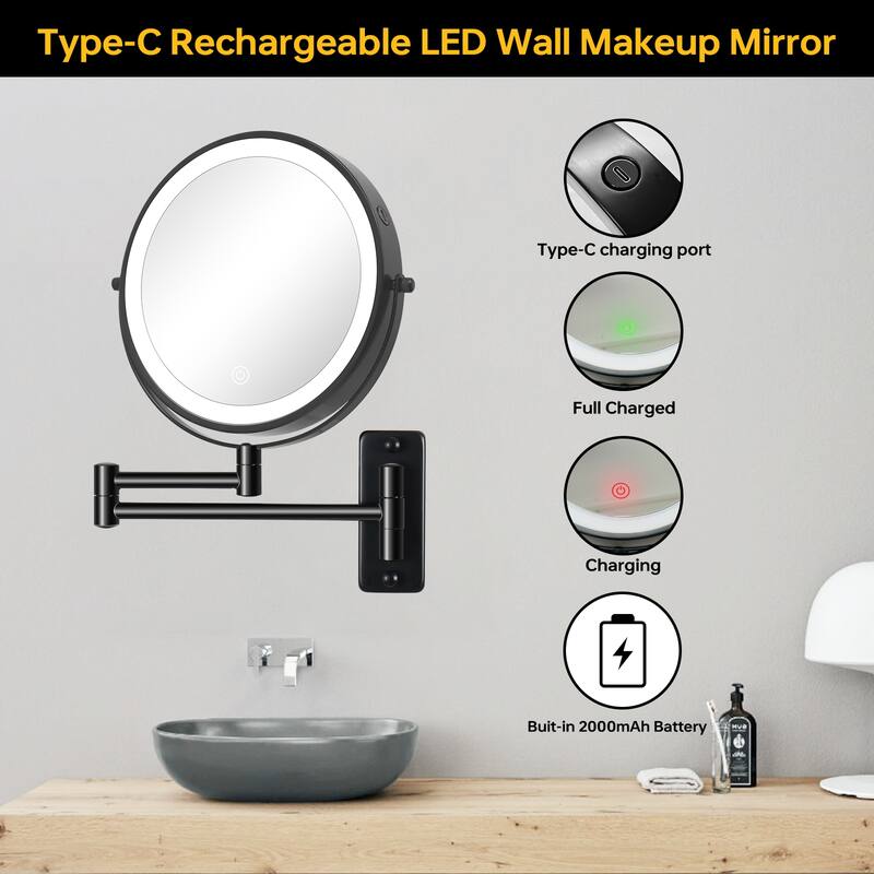 3 Color LED Light Wall Mounted Makeup Mirror, 1x/10x HD Magnifying Double-Sided Mirror, Extension Arm, Built-in Battery