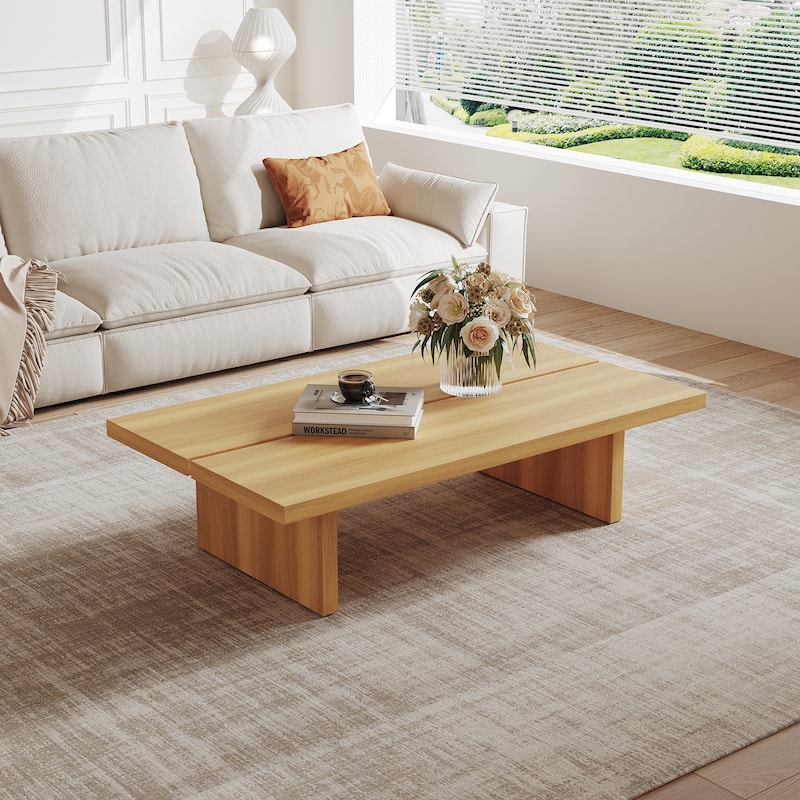 47" Mid Century Modern Black Wood Coffee Table,Rectangle Coffee Table for Livingroom - Light Brown