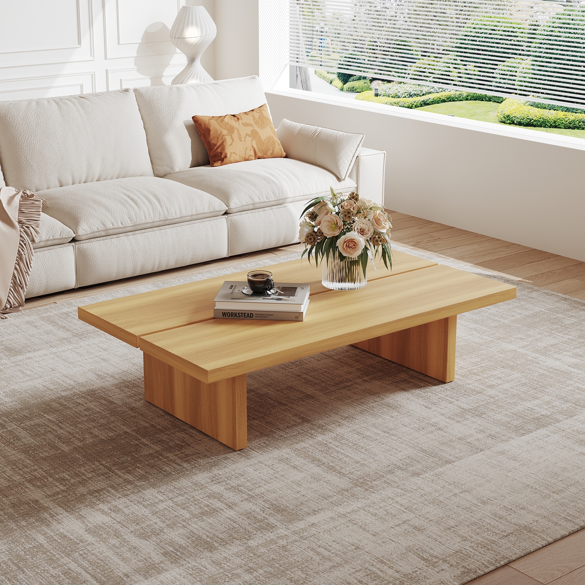 47"/55" Mid Century Modern Rectangular Wood Coffee Table, Available in Black, Brown & Vintage Finish for Living Room