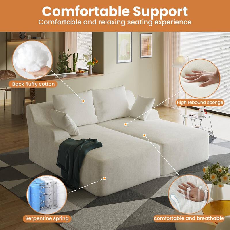 Velvet Dual Chaise Sofa Bed, Sleeper Sofa with Thicked Cushions and Throw Pillows, Deep Seat Lounge Loveseat Sofa - Off White