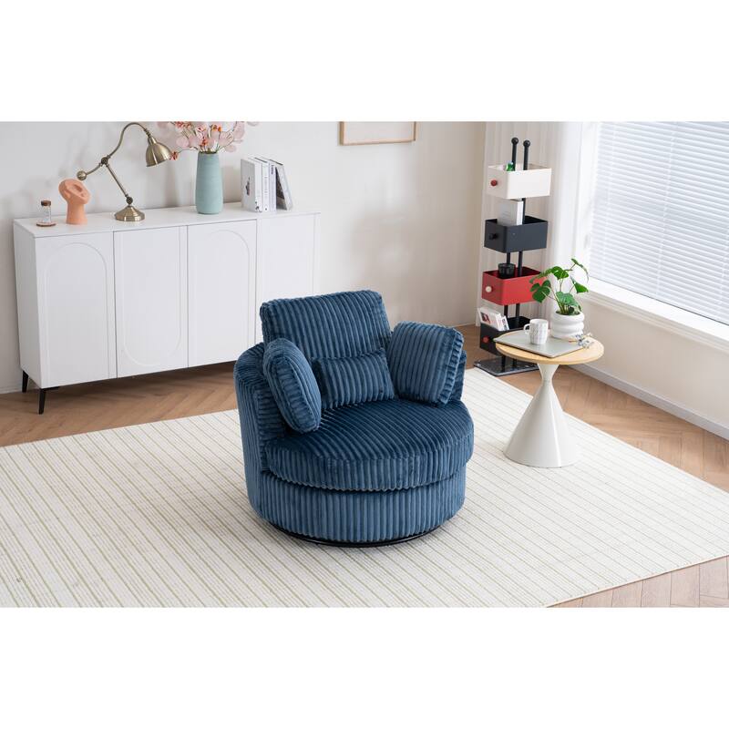 Corduroy Swivel Barrel Chair, Ergonomic Upholstered Round Armchair, Reading Sofa Chair with 3 Pillows & Thick Cushion