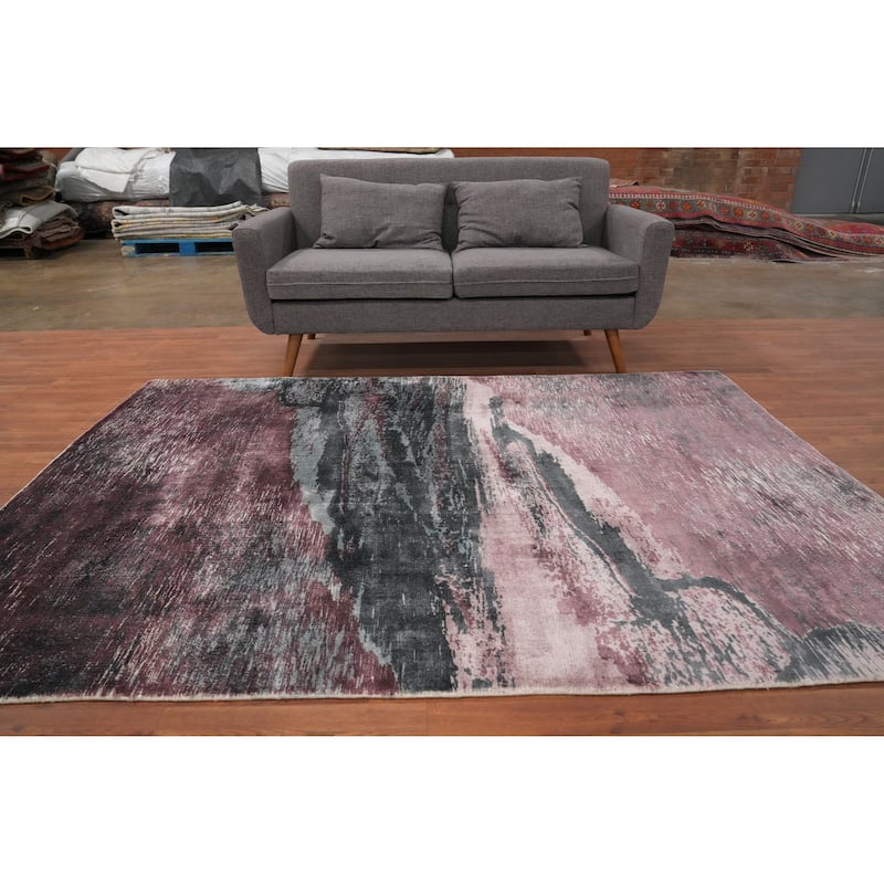 Hand Knotted Oriental Viscose Silk Carpet Modern Pictorial Pink Abstract Area Rug - 7' 8'' X 5' 6''