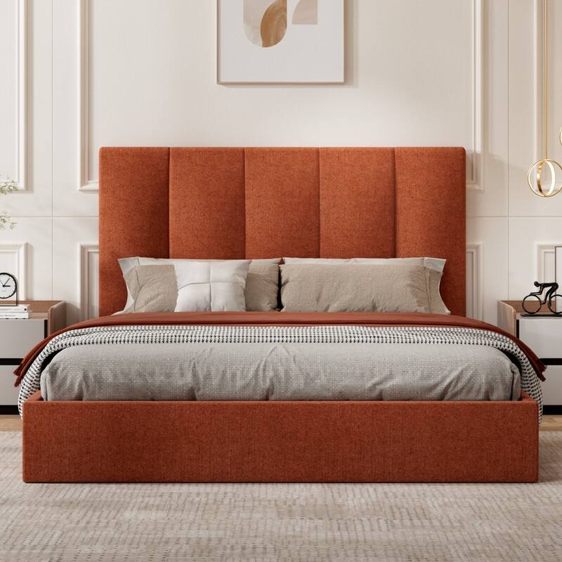 Modern Upholstered Lift-Up Storage Platform Bed with Headboard - Orange - Queen