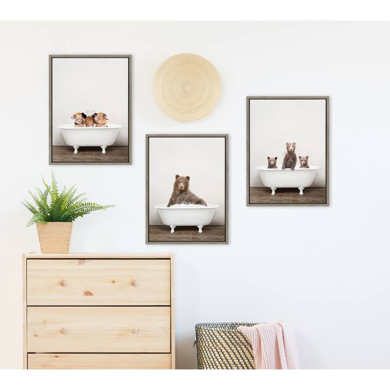 Kate and Laurel Bear Rustic Bubble Bath Framed Canvas by Amy Peterson