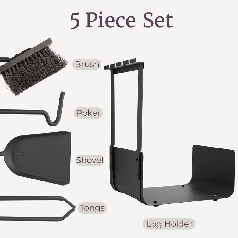Lavish Home 5PC Fireplace Tool Set with Firewood Rack Stand (Black)