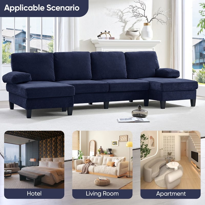 Mixoy 110"U-Shaped Sectional Couches,Chenille Fabric Upholstered Large 4-Seater Sofa with Double Chaises and Sleepable Armrest
