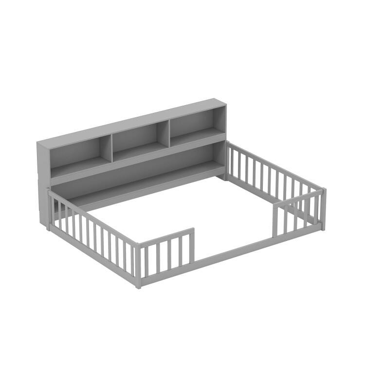 Full Size Montessori Floor Bed with Safety Rails & Built-in Bookshelf