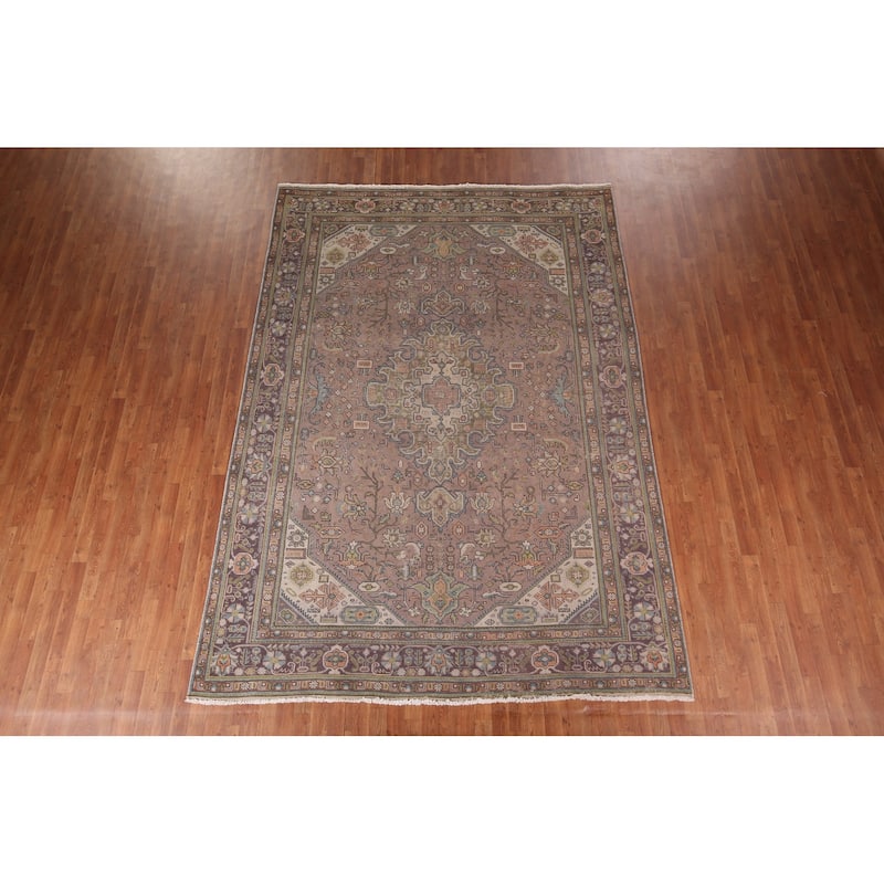 Traditional Tabriz Persian Vintage Rug Hand-Knotted Brown Wool Carpet - 7'6"x 11'1"
