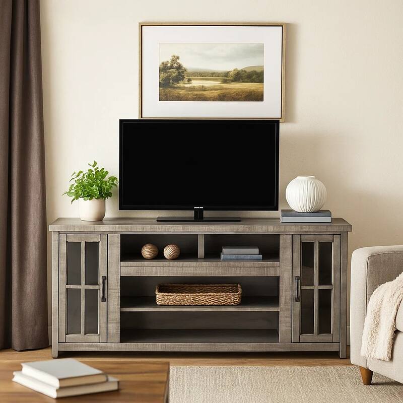 Leyla TV Stand Media Cabinet, 2 Glass Doors, Shelves, Gray Wood 76 Inch