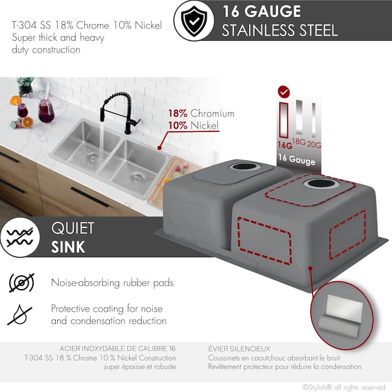 STYLISH Dual Mount 31" Double-Bowl Stainless Steel Kitchen Sink with Grids and Strainers S-401G - 31" x 18" x 9"