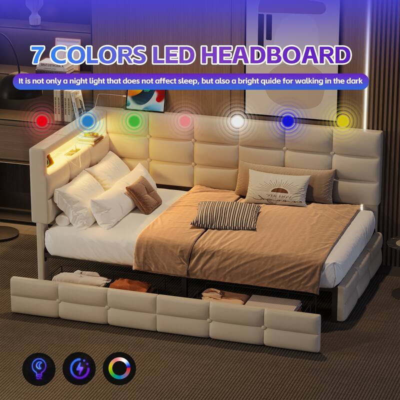 Daybed with 2 Drawers, Upholstered Daybed with Charging Station & LED Lights, Sofa Bed Frame with Storage Headboard