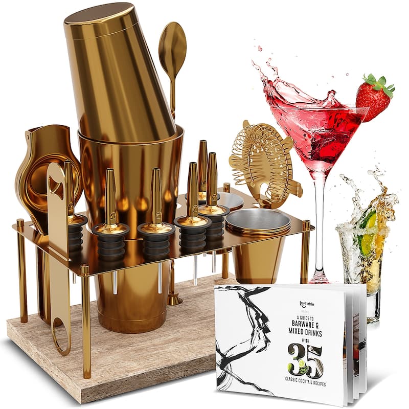JoyTable Bartender Kit - Cocktail Set Kit - Bartender Drink Mixer Shaker Bar Tool Set - 16 Piece Set + Stand - Gold