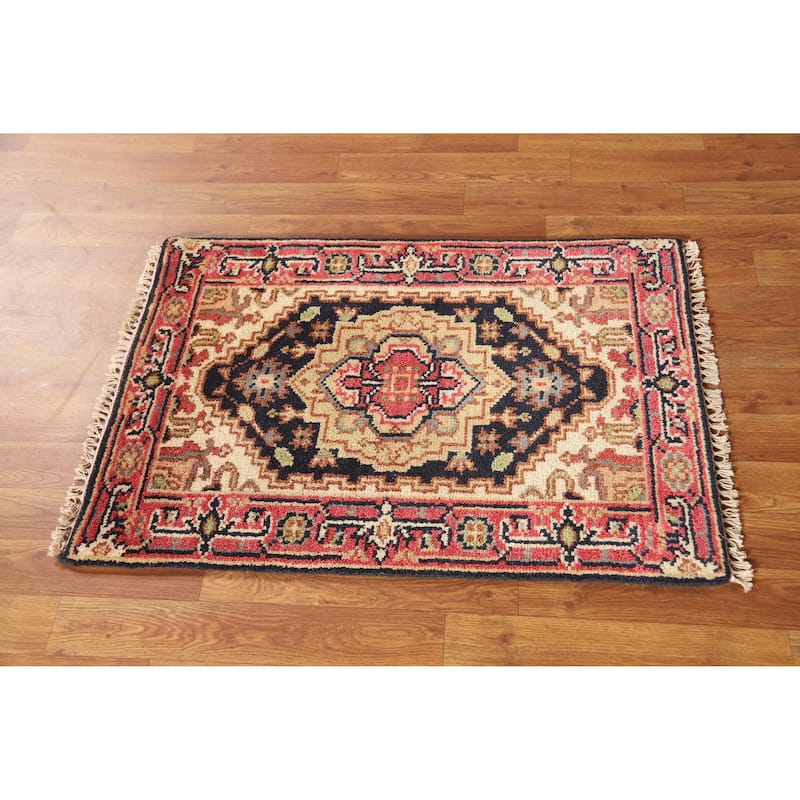 Hand Knotted Oriental 100% Wool Carpet Traditional Medallion Navy Blue & Blues Heriz (serapi) Area Rug - 3' 0'' X 2' 0''