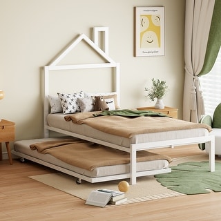 White Twin Size Metal Platform Bed with Trundle and House-Shaped Headboard