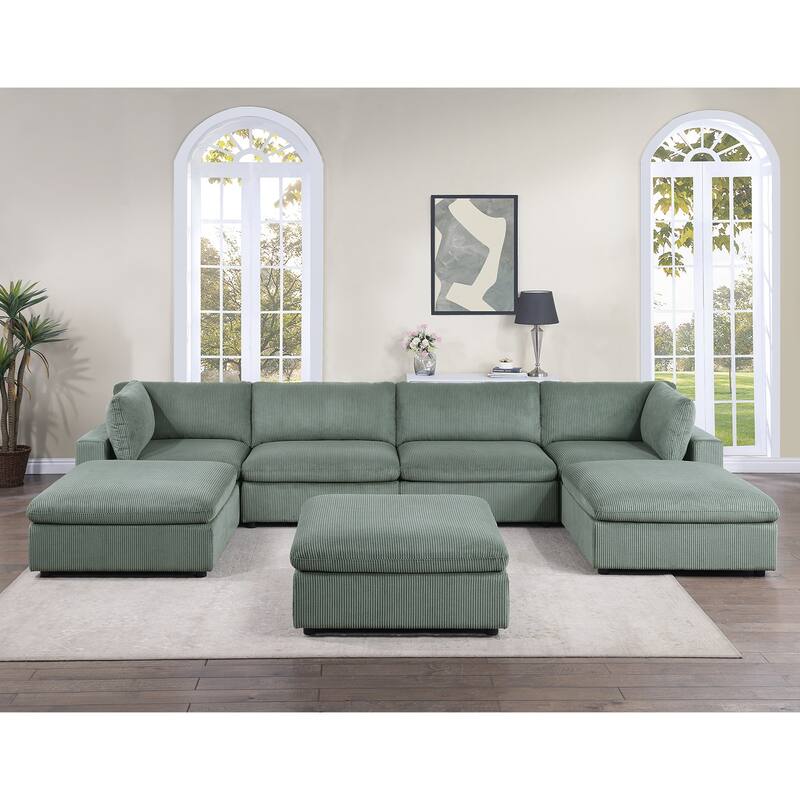 7 Piece Corduroy Upholstered Modular Sectional Sofa with Ottoman
