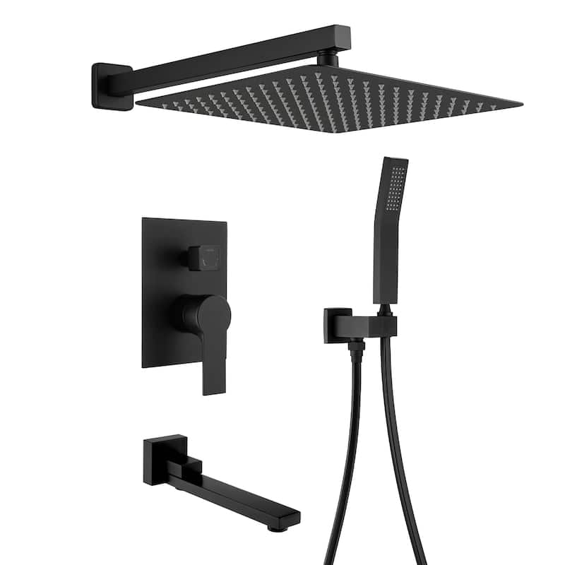 Wall Mount Tub Shower Faucet With Hand Shower Pressure Balance Shower System With Tub Spout 12 Inch Rainfall Shower Head Sets - Matte Black
