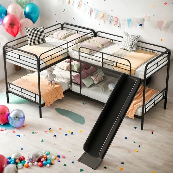 slide 2 of 9, Modern Twin Size L-Shaped 4 Beds In 1 Bunk Bed With Slide And Ladder,Solid Construction For Bedroom Black