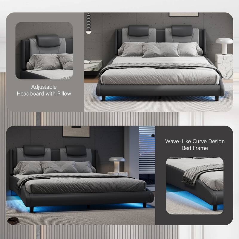 Modern Full Size PU Upholstered Platform Bed Frame with LED Lights and Adjustable Headboard, No Box Spring Needed