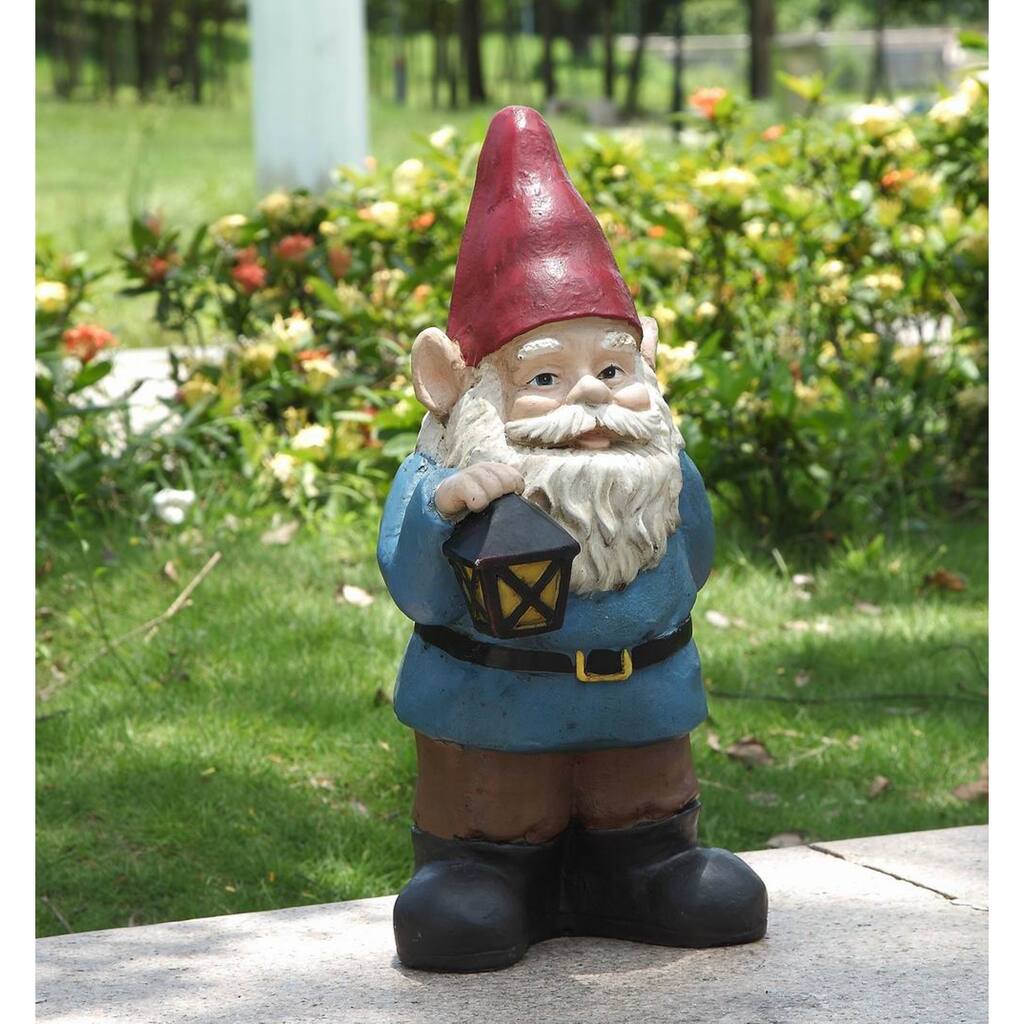 18.25" Red Blue Bobblehead Gnome Holding Lantern Outdoor Garden Statue