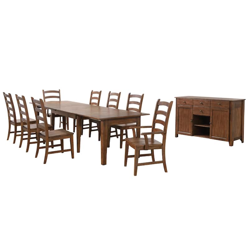 Extendable Dining Table Set for 12 - Rectangular Table with Sideboard - Amish Brown Finish