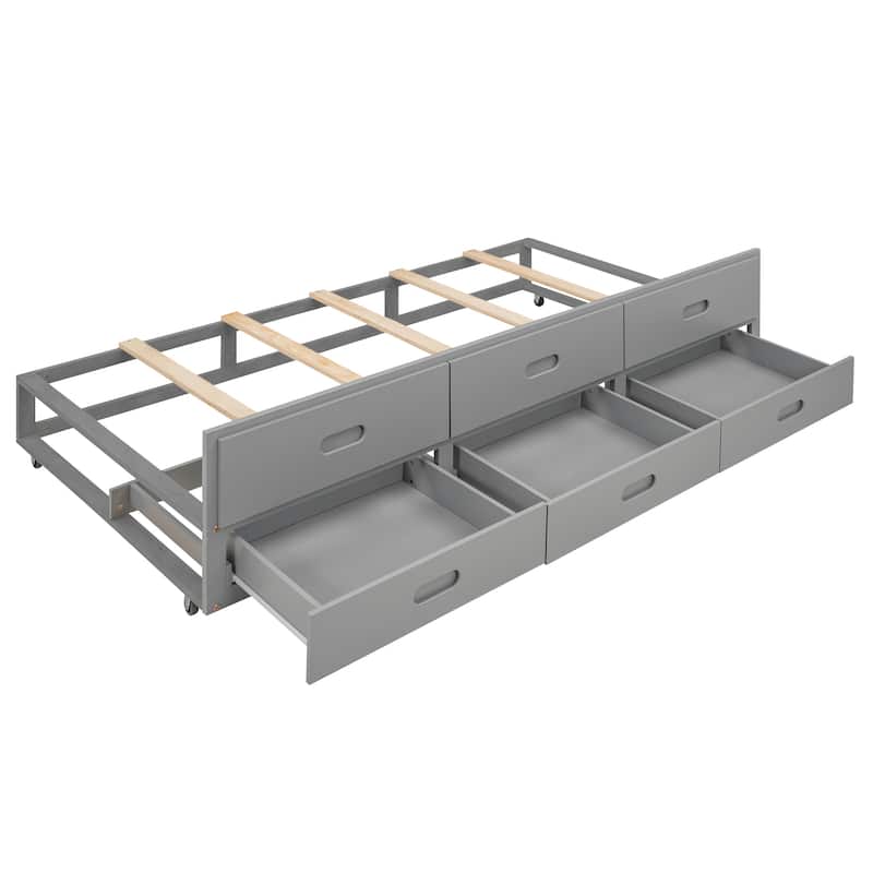 Full Size Platform Bed with Storage Headboard, USB, Twin Trundle, and 3 Drawers in Gray