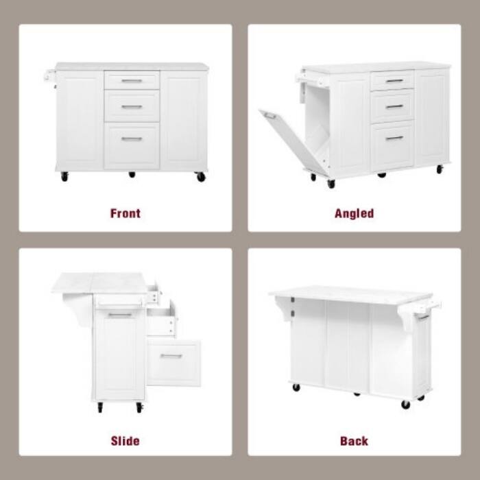 50.7" Rolling Kitchen Island - Drop Leaf, 2 Drawers, Tilt Trash Cabinet & Organizer on 5 Wheels