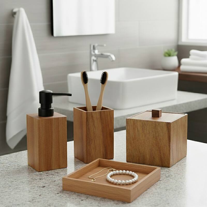 Acacia Wood Bathroom Accessory Set Collection