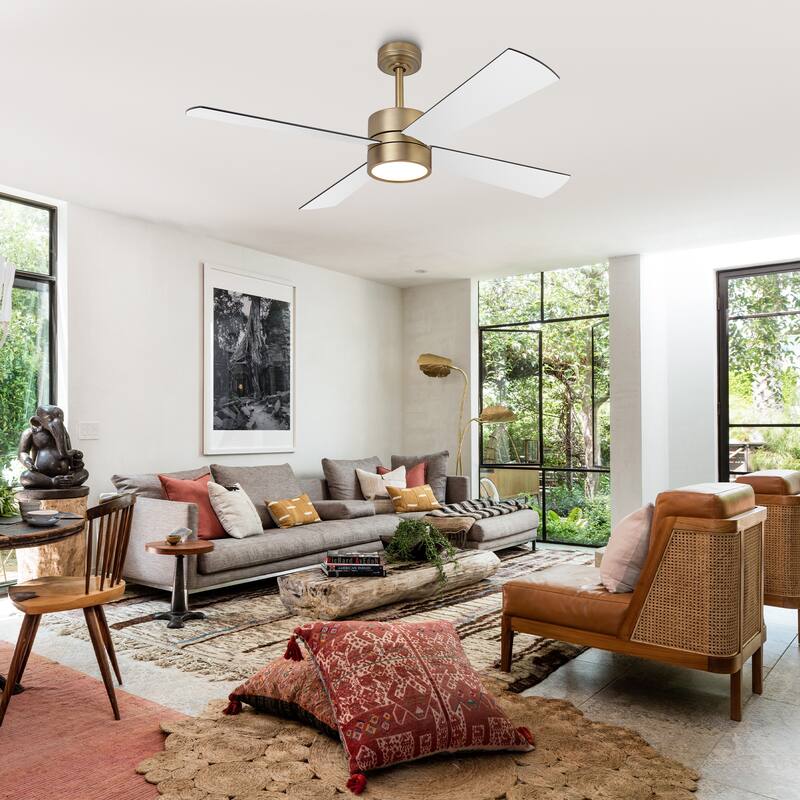 52 in. Natural Brass Plywood Indoor Downrod Mount Ceiling Fan with Integrated LED and Remote Control