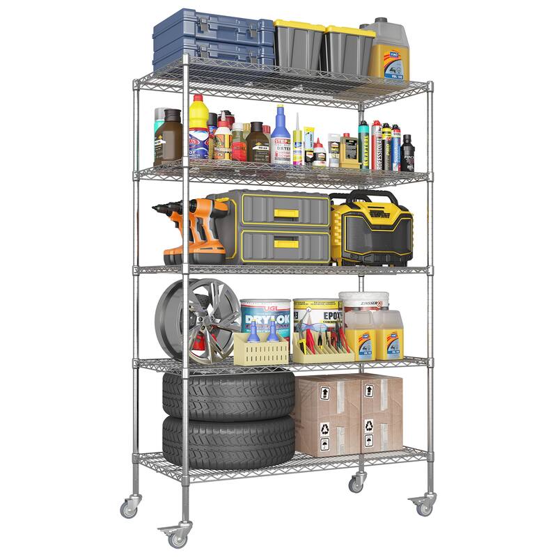 47''W x 24''D x 72''H 5 Tier Heavy Duty Adjustable Kitchen Shelving Unit, Wire Storage Shelves with Wheels - Silver