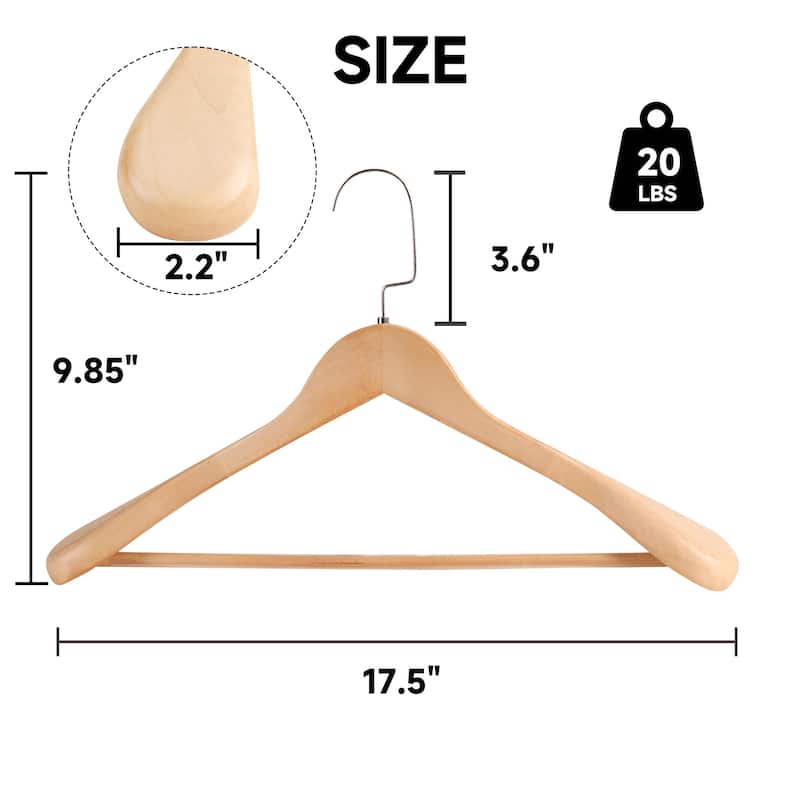 BP4U Premium Wide Shoulder Wooden Suit Hangers, 17.5-Inch Heavy-Duty Solid Wood Coat Hangers for Men's Clothes