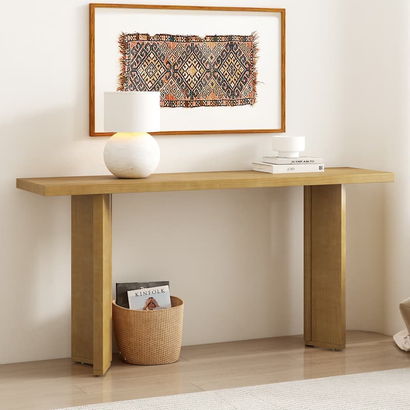 Stylish Console Table with Pine Veneer and Geometric Legs,Suitable for Living Room, Study and Dining Room - Natural