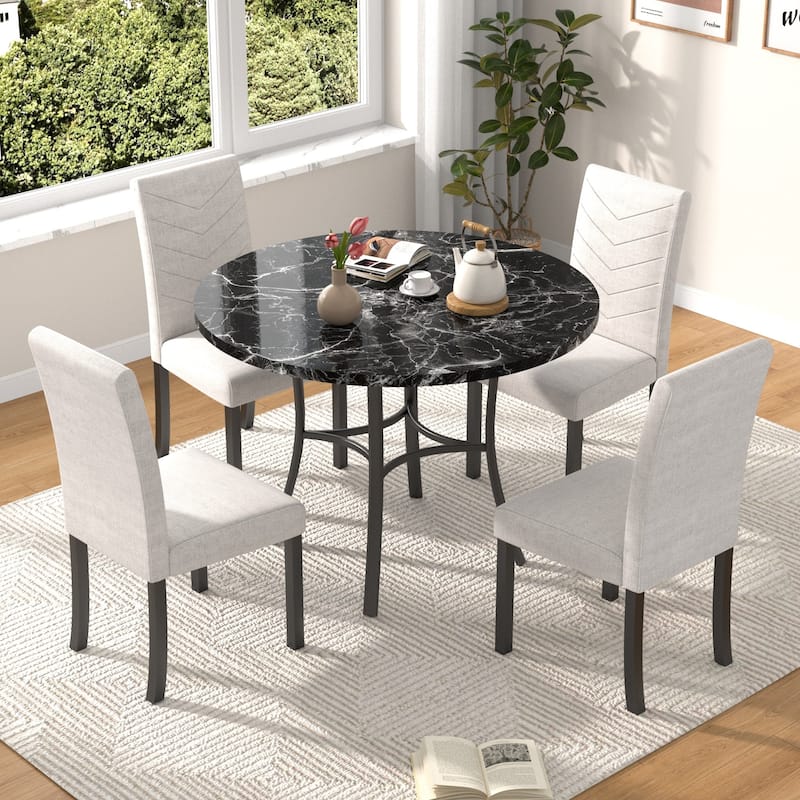 VECELO 5-piece Dining Set, Round Dining Table Set with Upholstered Parsons Dining Chairs for Small Space