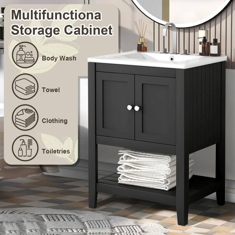 24" Bathroom Vanity Ceramic Sink with Solid Wood Frame Open Style Shelf