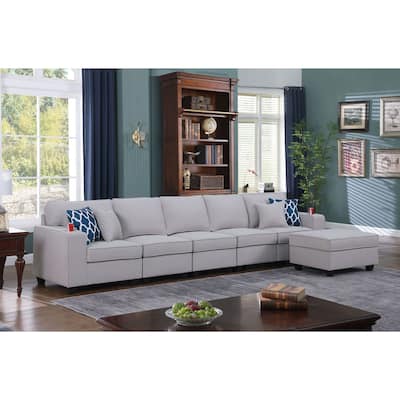 Linen Upholstered 5-Seater Sofa with Ottoman in Light Gray