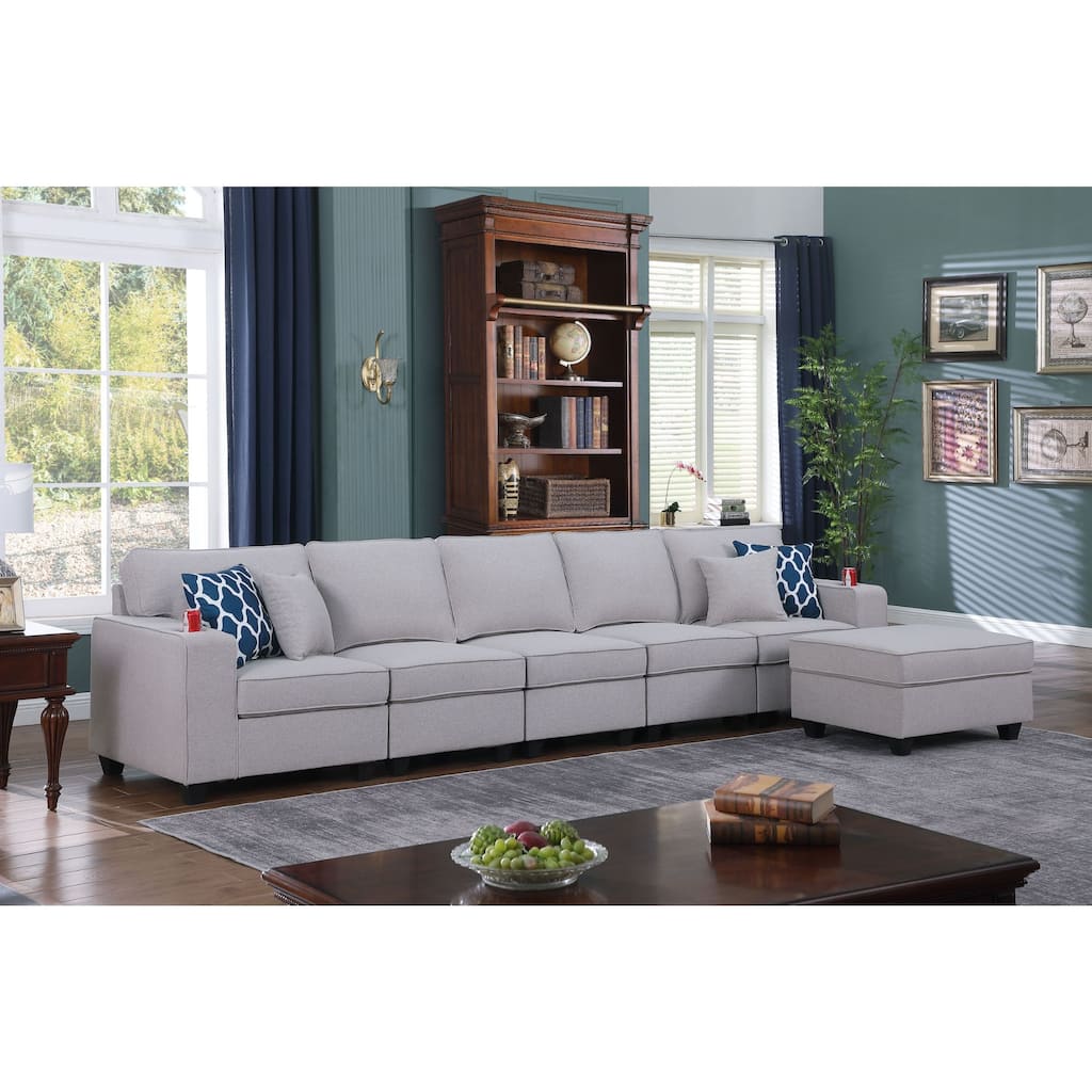 Linen Upholstered 5-Seater Sofa with Ottoman in Light Gray