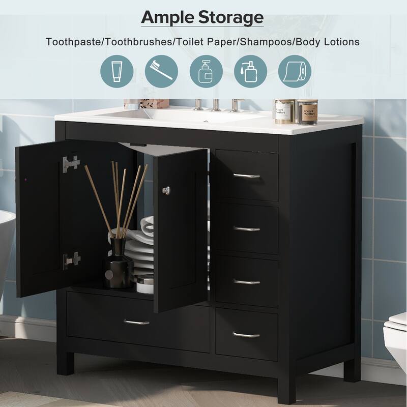 Roomfitters 36" Bathroom Vanity with Ceramic Sink Combo, Abundant Storage Cabinet with 2 Soft Close Doors and 5 Drawers