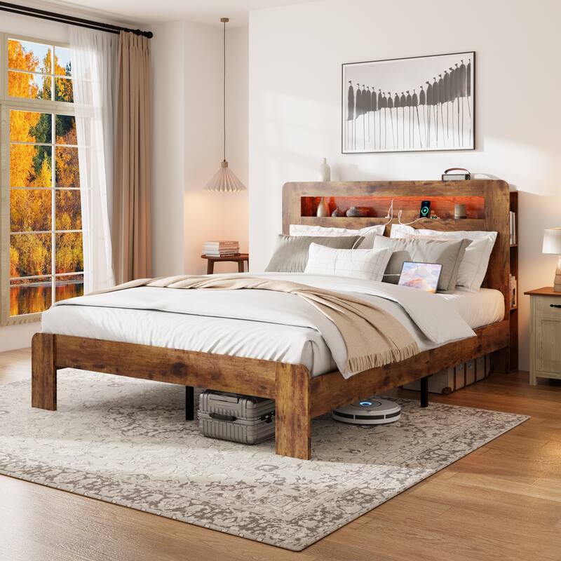 King Size Wood Platform Bed Frame with Storage, LED Headboard, USB Ports, Noise Free, Easy Assembly, Dark Brown