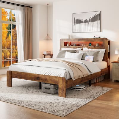 Queen Size Wood Platform Bed Frame with LED Light and 2 USB