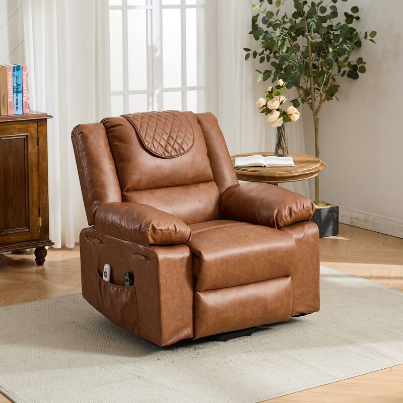 PU Leather Power Lift Recliner - Electric Heat & Massage Chair, Remote Control, Wide Seat - Elderly Comfort Assistive Recliner - Brown